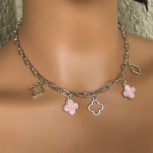 Silver and Baby Pink Clover Charm Necklace